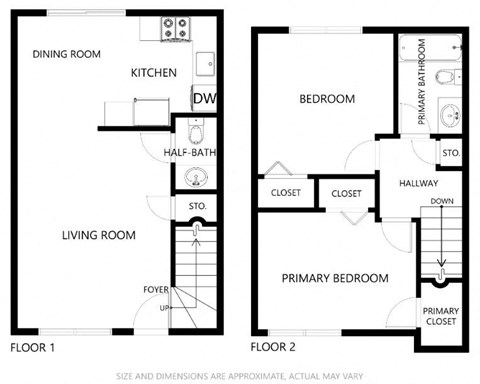 Floor plan for 2 beds, 1.5 baths, 800 sqft